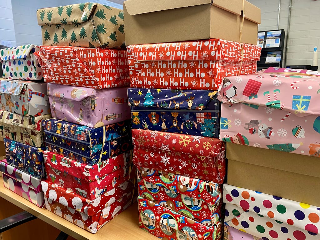 Collection of boxes at Inland and Coastal's Banagher Office for Team Hope's shoebox appeal